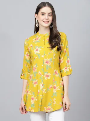 Women Yellow Floral Printed Rayon A-Line Shirts Style Top