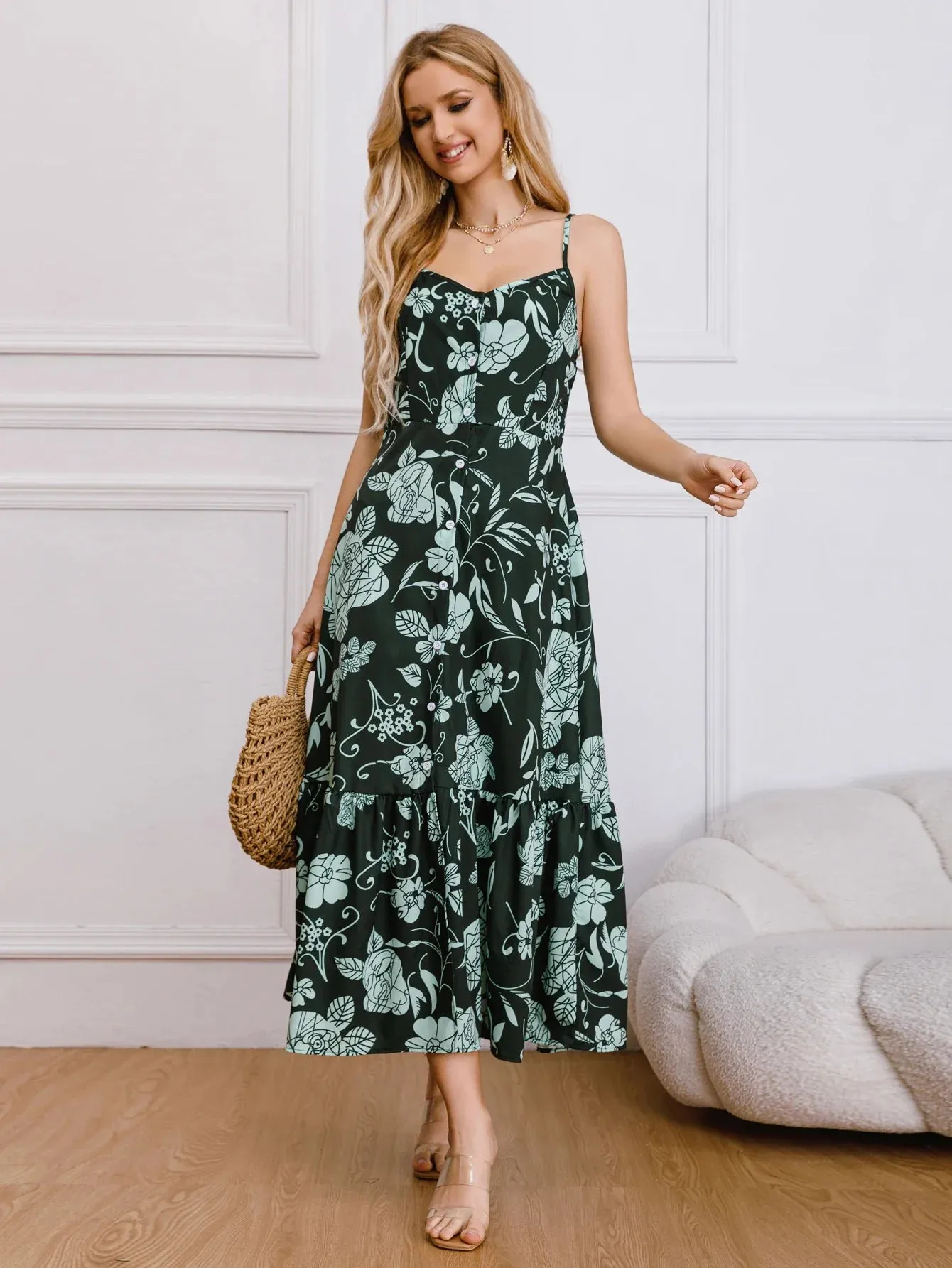 Women's Button Ruffled Hem Printed Front Long Summer Strap Spaghetti Vintage Design Dress