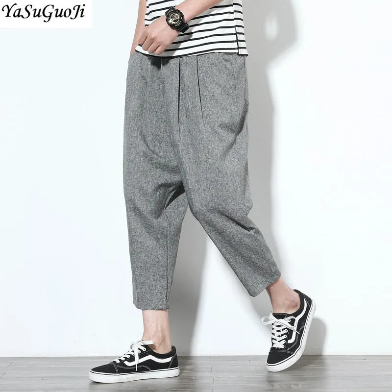 YASUGUOJI summer cotton and linen ankle-length pants men thin loose wide leg pants men hip pop harem pants men joggers XXK27