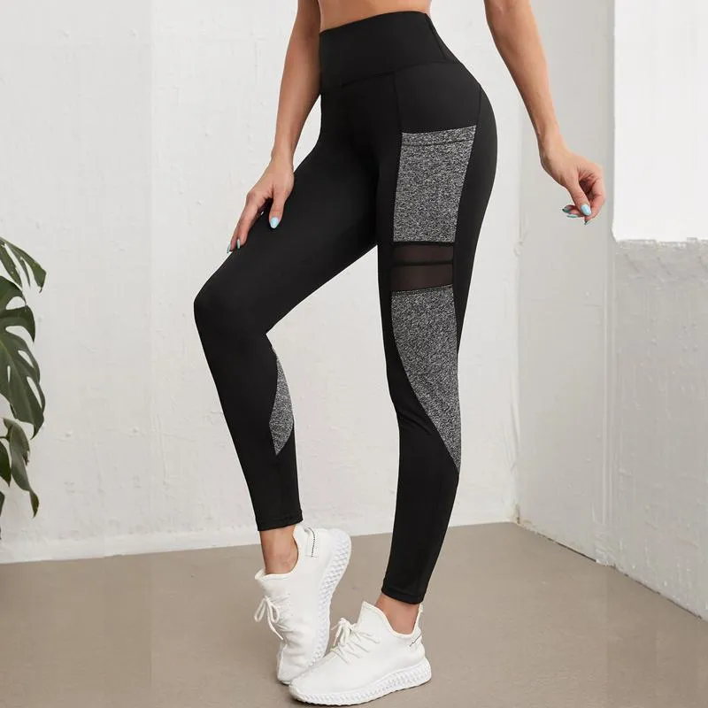 Yoga Mesh Tight-Fitting Sports Fitness Pocket Patchwork Side Sports Leggings