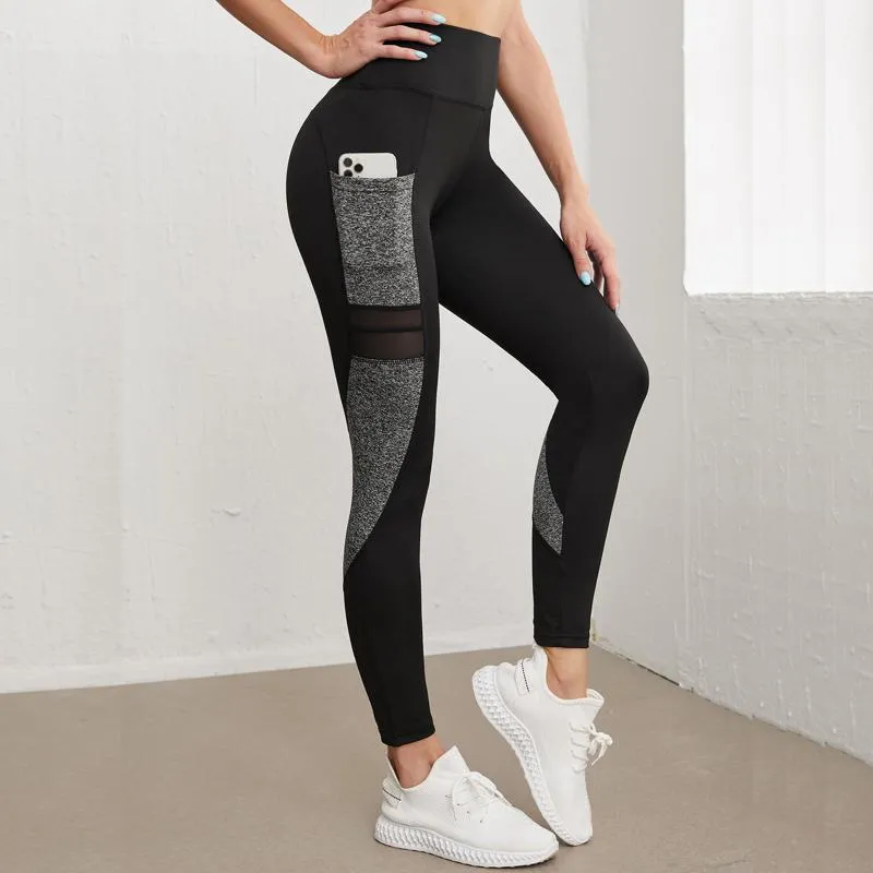 Yoga Mesh Tight-Fitting Sports Fitness Pocket Patchwork Side Sports Leggings